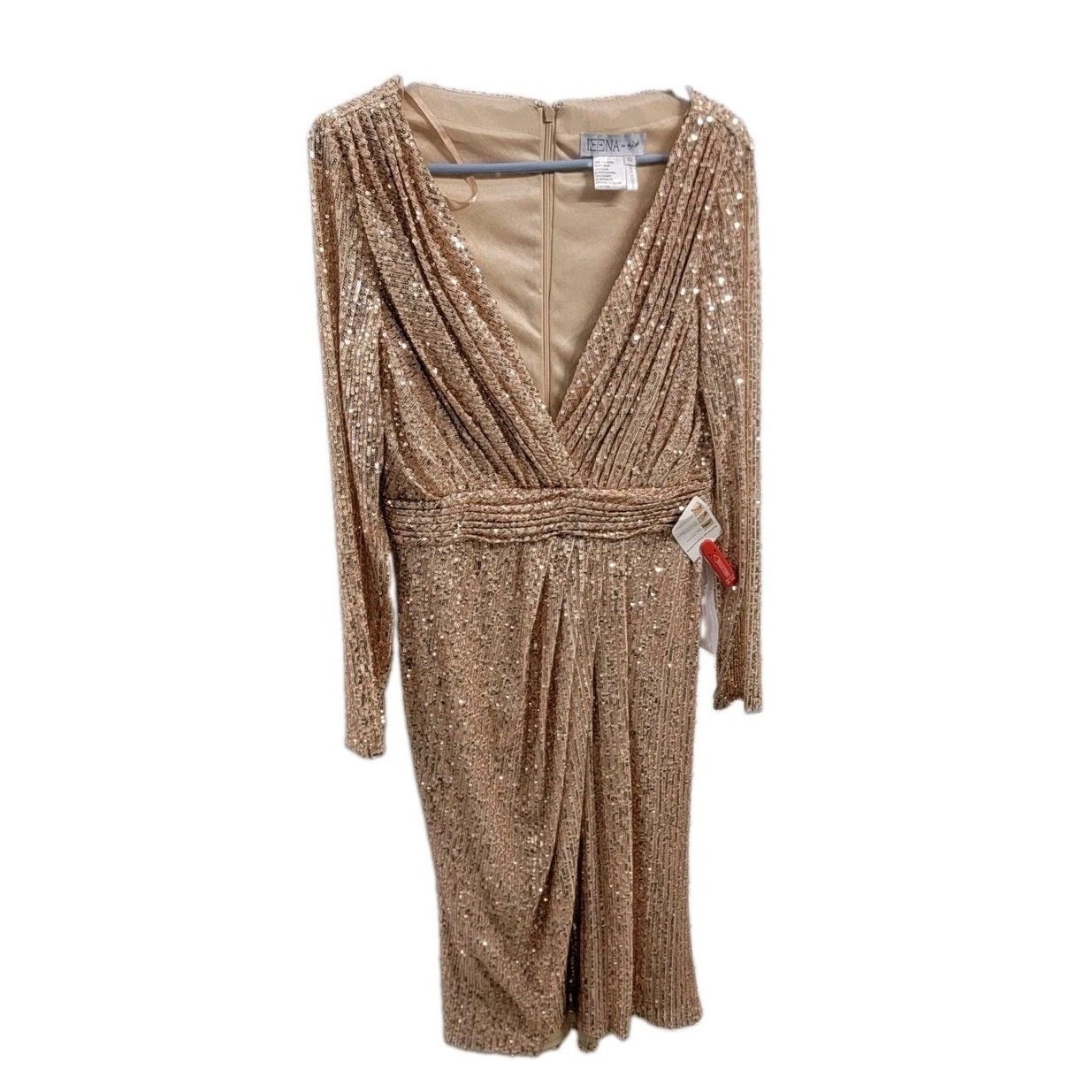 Ieena For Mac Duggal Dress Womens 10 Gold Sequin Wrap V-Neck Midi Lined Formal